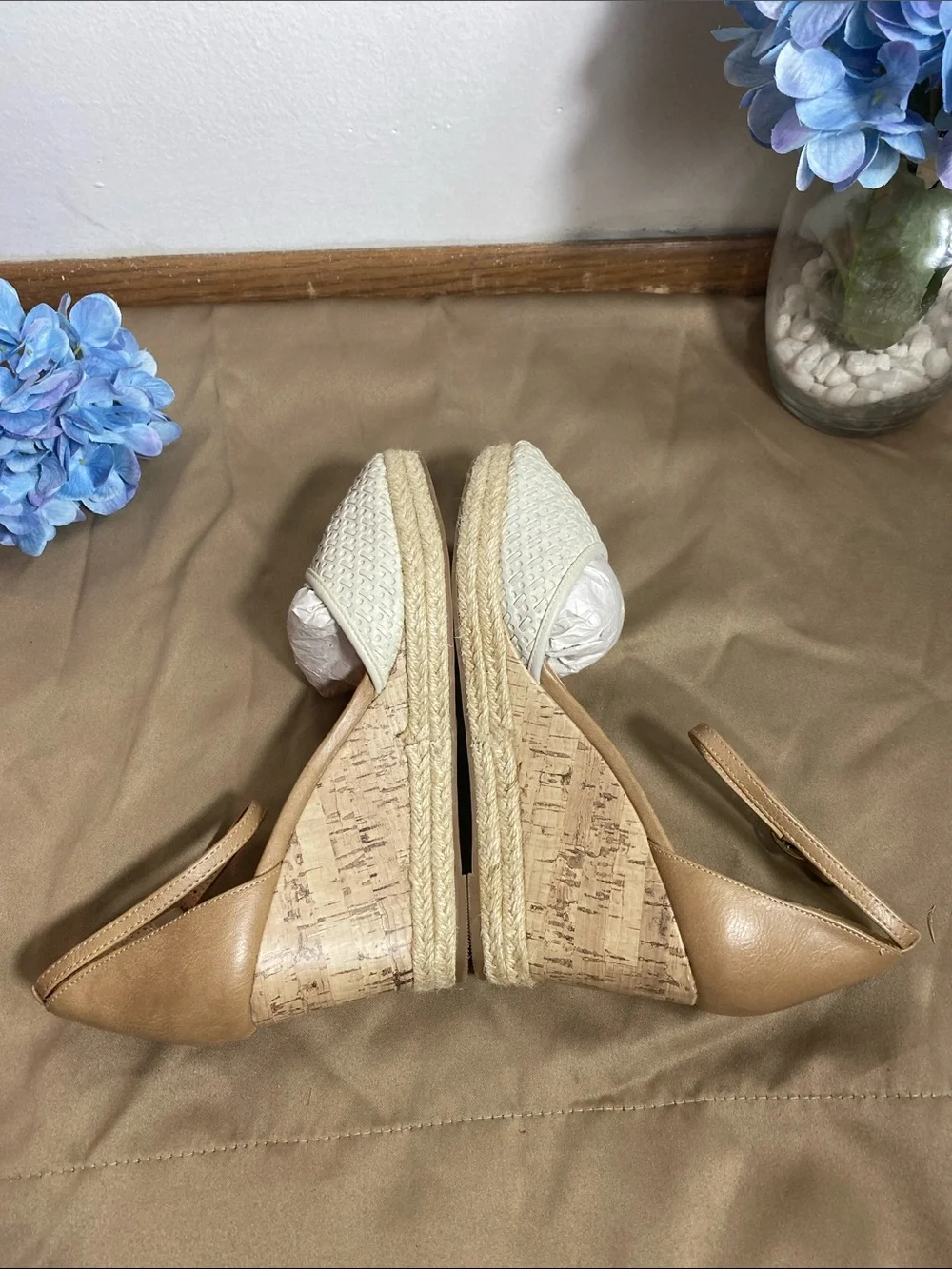 Maurices Cream Woven Espadrille Wedge Sandals with Tan Ankle Strap